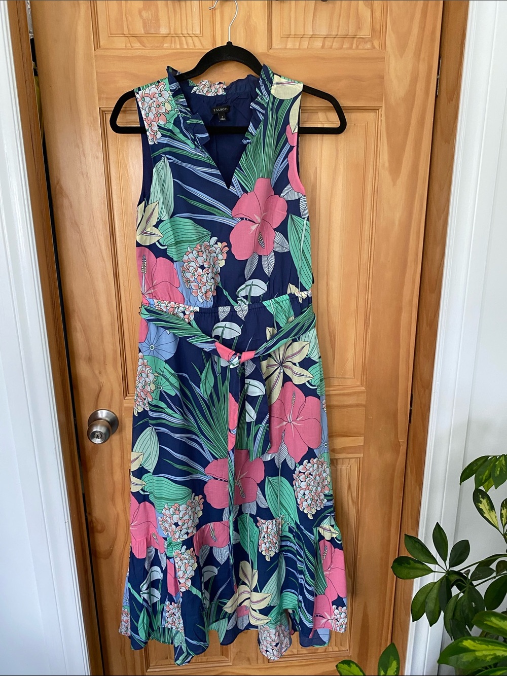 Talbots Navy Floral Sleeveless Tie-Waist Midi Dress